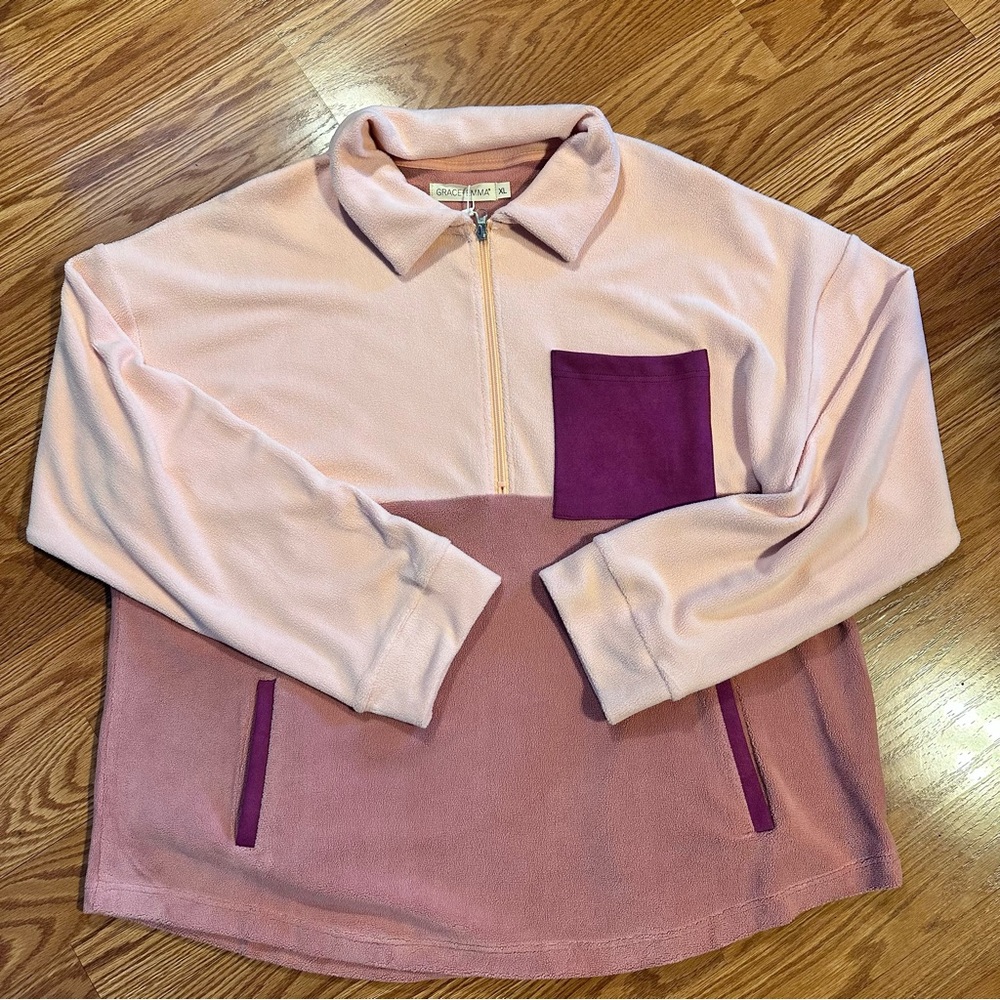 Grace+Emma Oversized Fleece Pink Mauve Quarter-Zip Pullover with Pockets size XL